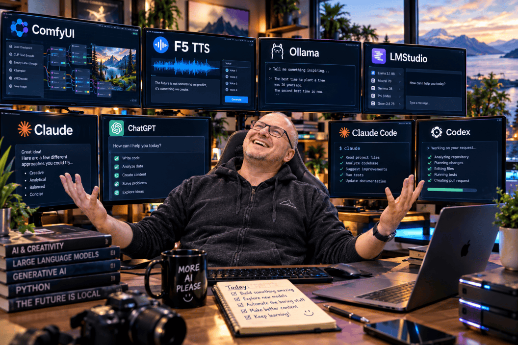 A man sits at his desk, surrounded by computer monitors with a range of AI tools on display.